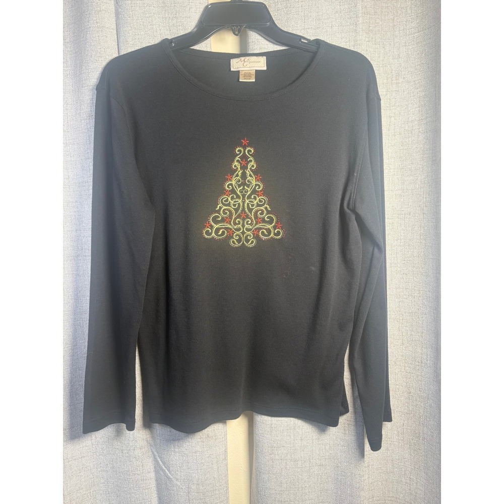 MC Sportswear Womens Black Embroidered Christmas Tree Long Sleeve Top Medium